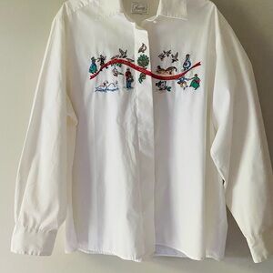 Vintage Twelve Days of Christmas Embroidered White Dress Shirt Size 12